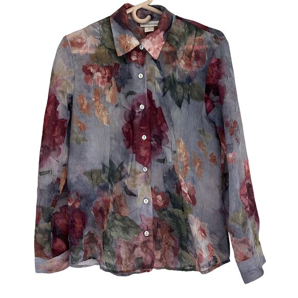 Vintage Paris Sports Club floral button up sheer feminine romantic whimsigoth M - Picture 1 of 14